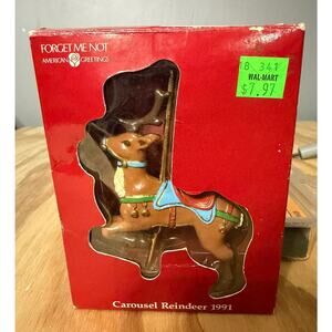 Vintage American Greetings Ornament Forget Me Not Carousel Reindeer 1991